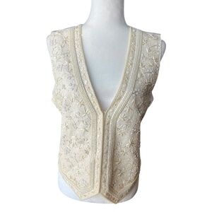 Vintage Silk Beaded-Front Ornate Cream White Vest Large